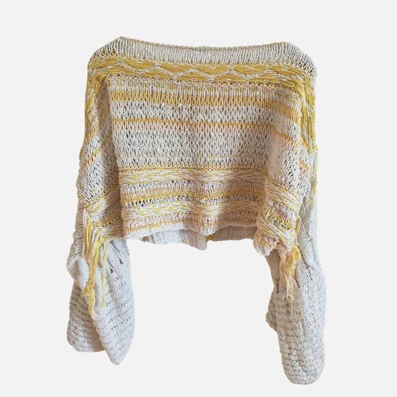 FREE PEOPLE Distressed Drive Through Crema Bell Sleeve Sweater M/L Crop Boho - Picture 2 of 10